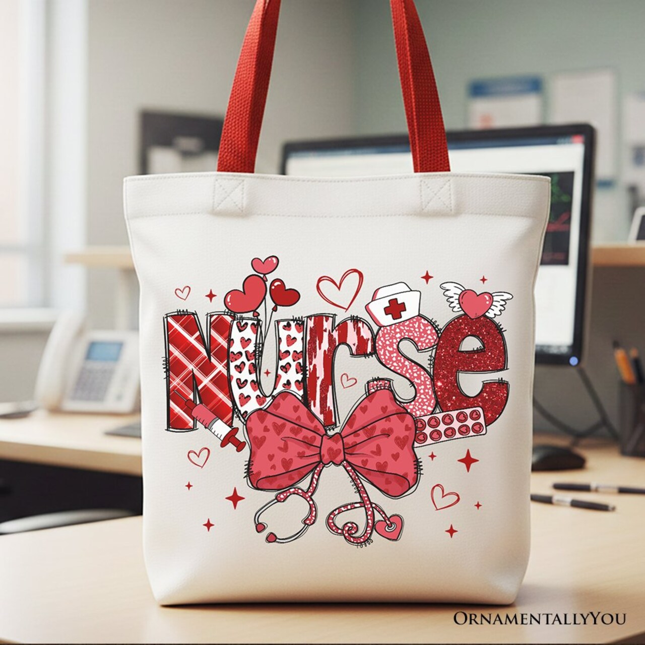 Valentine Nurse Coquette Bow Canvas Tote Bag, Cupid Favorite Nurse Work Shopper